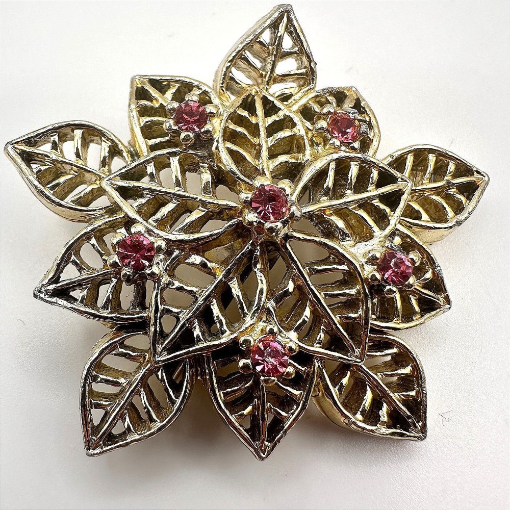 Vintage 80s Gold Tone Leaf Snowflake Pink Rhinestone Brooch Pin Women's Jewelry